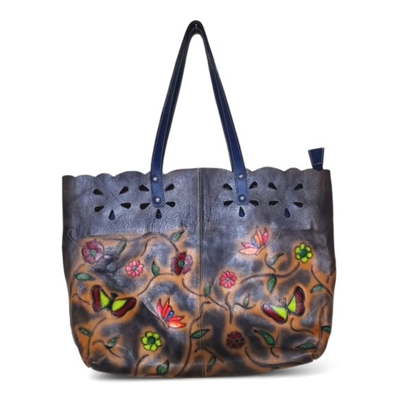 Artisan Made Colombian Embossed Leather Tote Bag - Multicolor- Butterfly Floral - Picture 10 of 11